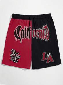 ROMWE MEN Prep 男士字母圖案雙色腰部抽繩短褲 - 彩色 - 查看 1