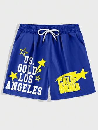 Prep Guys Star & Letter Graphic Drawstring Waist Shorts