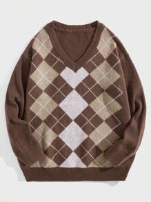 ROMWE MEN Academia Nam Họa tiết Argyle Cổ v Áo len - Cà phê nâu - Xem 1