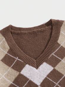 ROMWE MEN Academia Nam Họa tiết Argyle Cổ v Áo len - Cà phê nâu - Xem 3