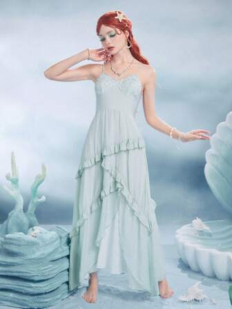 Fairycore Ruffle Trim Asymmetrical Hem Cami Dress