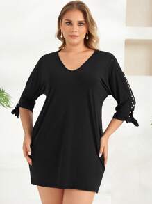 RueChic Talla grande Vestido con cuenta de perla amarre en manga - Negro - Ver 1