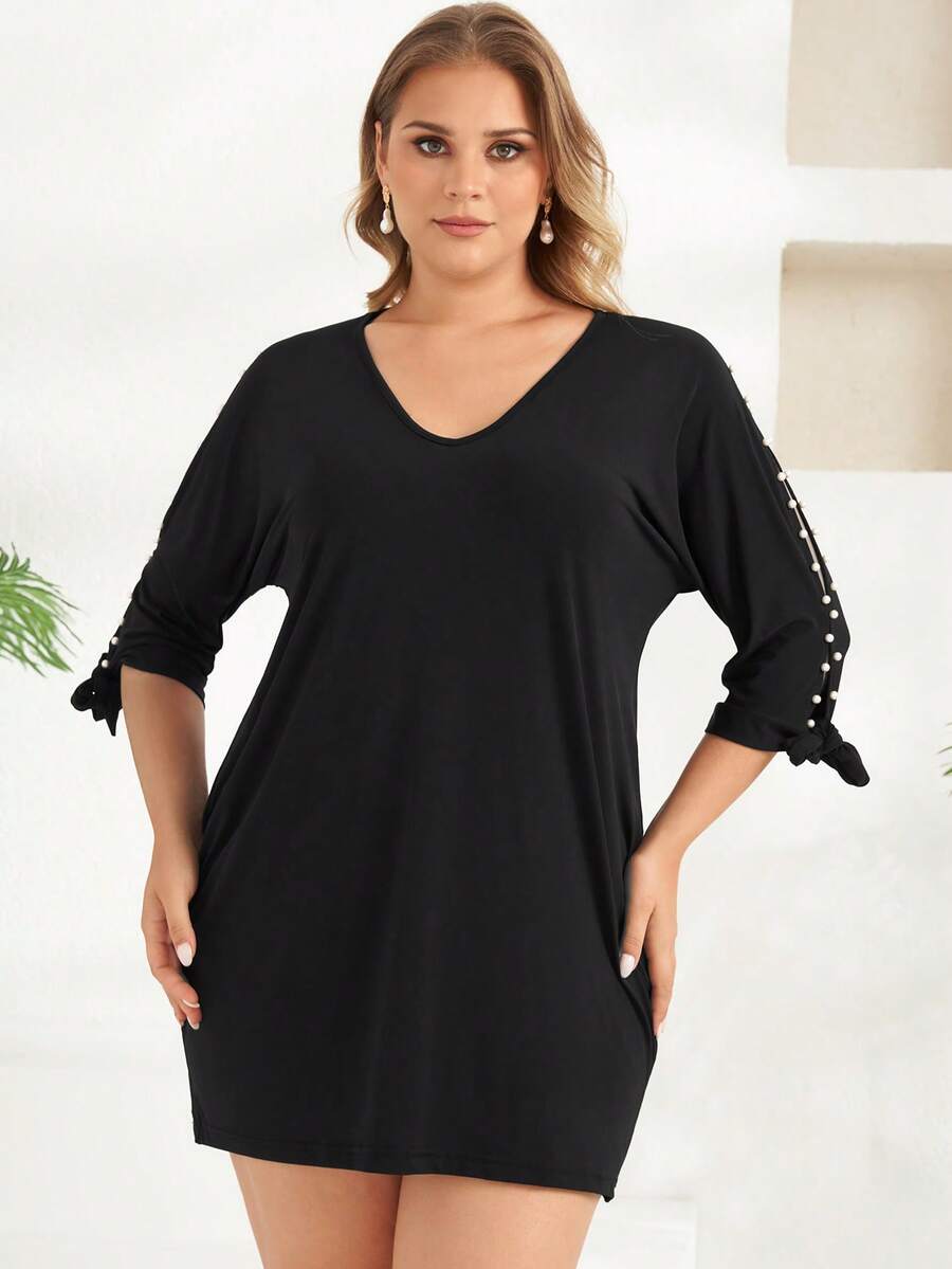 RueChic Talla grande Vestido con cuenta de perla amarre en manga - Negro - Ver 1
