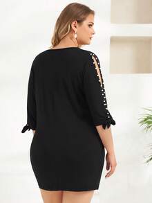 RueChic Talla grande Vestido con cuenta de perla amarre en manga - Negro - Ver 2