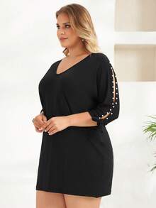 RueChic Talla grande Vestido con cuenta de perla amarre en manga - Negro - Ver 3