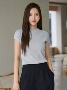 DAZY 素色圓領針織上衣 - 淺灰色 - 查看 6