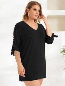 RueChic Talla grande Vestido con cuenta de perla amarre en manga - Negro - Ver 5