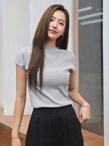 DAZY 素色圓領針織上衣 - 淺灰色 - 查看 1