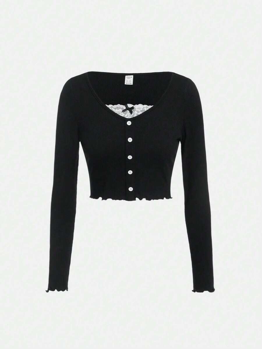 SHEIN Girlism Teen Girl Color-Block Lace Collar V-Neck Hollow Out Design Long Sleeve T-Shirt With 2 In 1 Style - Black - View 1