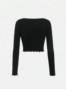 SHEIN Girlism Teen Girl Color-Block Lace Collar V-Neck Hollow Out Design Long Sleeve T-Shirt With 2 In 1 Style - Black - View 2