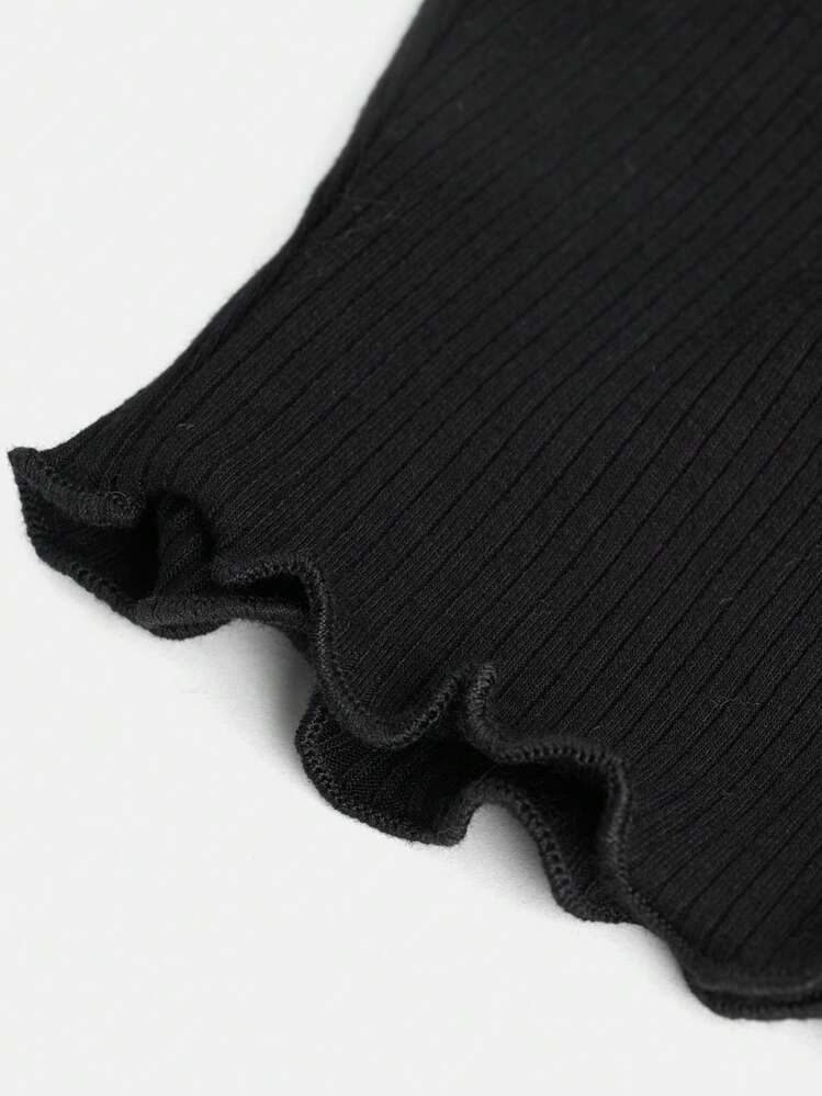 SHEIN Girlism 少女色塊拼接蕾絲領V領空心設計長袖T卹，並具有2合1風格 - 黑色 - 查看 4