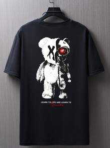 Manfinity LEGND Men Bear & Letter Graphic Tee, Graphic Tees Men Streetwear, Black Graphic Tee, Streetwear Graphic Tee - Black - View 3