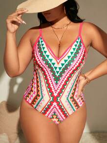 SHEIN Swim Curve 大碼幾何印花一片式吊帶泳衣 - 彩色 - 查看 3