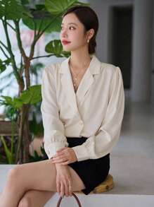Lapel Neck Puff Sleeve Button Front Shirt - Beige - View 5