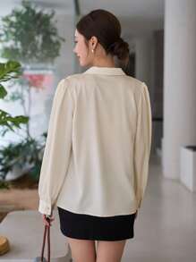 Lapel Neck Puff Sleeve Button Front Shirt - Beige - View 2