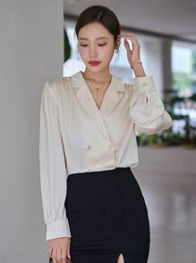 Lapel Neck Puff Sleeve Button Front Shirt - Beige - View 3