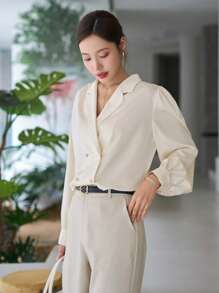 Lapel Neck Puff Sleeve Button Front Shirt - Beige - View 4