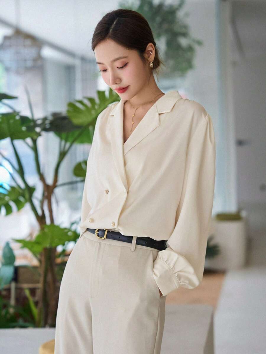 Lapel Neck Puff Sleeve Button Front Shirt - Beige - View 1
