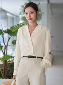 Lapel Neck Puff Sleeve Button Front Shirt - Beige - View 6