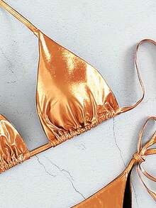 Metallic Triangle Tie Side Bikini Set For Summer Beach - Brown - View 3