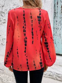 SHEIN Clasi Nhuộm buộc Tay áo lồng đèn Áo sơ mi - Đỏ - Xem 2