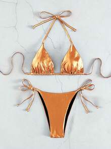 Metallic Triangle Tie Side Bikini Set For Summer Beach - Brown - View 4