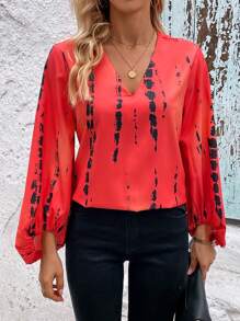 SHEIN Clasi Nhuộm buộc Tay áo lồng đèn Áo sơ mi - Đỏ - Xem 3