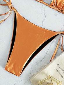 Metallic Triangle Tie Side Bikini Set For Summer Beach - Brown - View 5