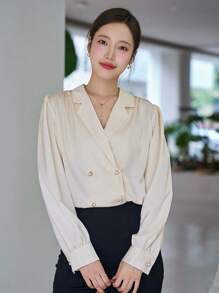 Lapel Neck Puff Sleeve Button Front Shirt - Beige - View 8