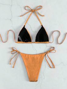 Metallic Triangle Tie Side Bikini Set For Summer Beach - Brown - View 7
