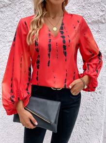 SHEIN Clasi Nhuộm buộc Tay áo lồng đèn Áo sơ mi - Đỏ - Xem 4