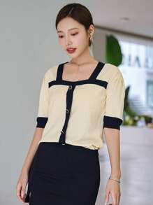 DAZY 拼接邊前紐扣泡泡袖針織上衣 - 杏色 - 查看 8