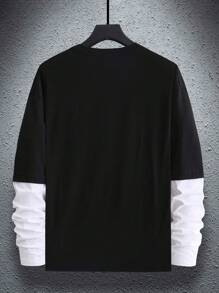 Claim Dot 男士 T 恤修身圆领长袖图案 T 恤休闲春秋季涤纶 - 黑與白 - 查看 2