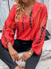 SHEIN Clasi Nhuộm buộc Tay áo lồng đèn Áo sơ mi - Đỏ - Xem 6