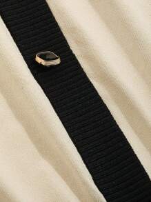 DAZY 拼接邊前紐扣泡泡袖針織上衣 - 杏色 - 查看 3