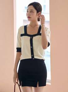 DAZY 拼接邊前紐扣泡泡袖針織上衣 - 杏色 - 查看 5