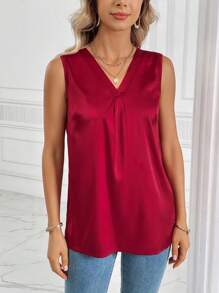 SHEIN Clasi Solid Satin Tank Top - Burgundy - View 3