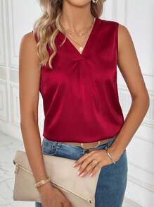 SHEIN Clasi Solid Satin Tank Top - Burgundy - View 6