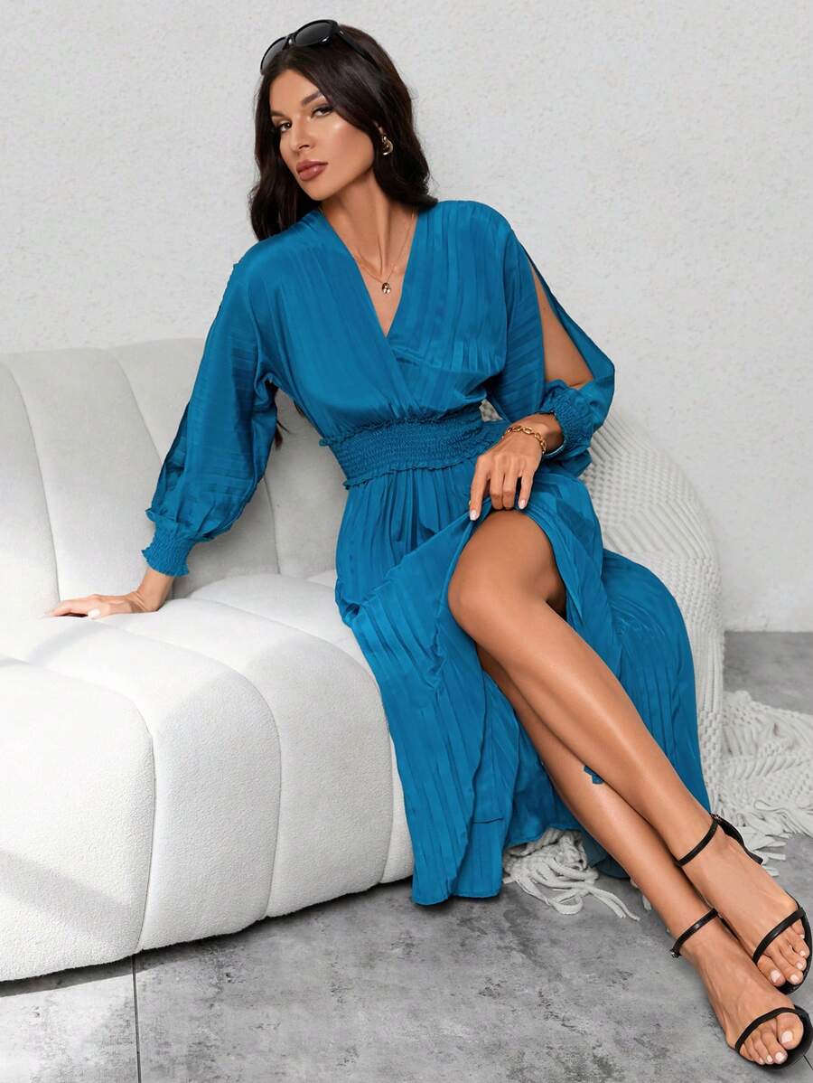 SHEIN Privé Tách tay áo Eo Ruched Viền mép Đầm - Màu xanh lam - Xem 1