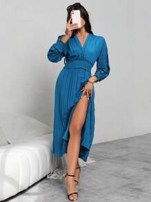 SHEIN Privé Tách tay áo Eo Ruched Viền mép Đầm - Màu xanh lam - Xem 3