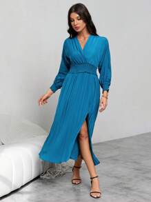 SHEIN Privé Tách tay áo Eo Ruched Viền mép Đầm - Màu xanh lam - Xem 4