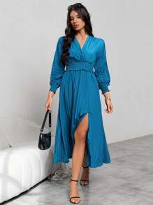 SHEIN Privé Tách tay áo Eo Ruched Viền mép Đầm - Màu xanh lam - Xem 6