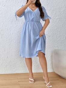SHEIN Frenchy Plus Swiss Dot Knot Cuff Dress