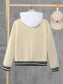 SHEIN Cậu bé Tween Hoạt hình In thư Cổ Đứng Nhẹ Áo nịt đan Áo khoác - Màu be - Xem 2