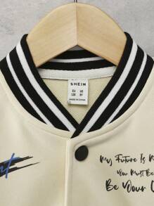 SHEIN Cậu bé Tween Hoạt hình In thư Cổ Đứng Nhẹ Áo nịt đan Áo khoác - Màu be - Xem 5