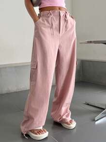 DAZY 束口腰設計,帶蓋口袋側領口袋,裝備風工裝褲 - 藕粉色 - 查看 4