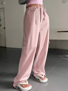 DAZY 束口腰設計,帶蓋口袋側領口袋,裝備風工裝褲 - 藕粉色 - 查看 5