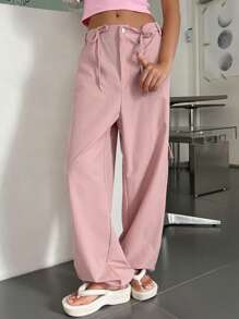 DAZY 束口腰設計,帶蓋口袋側領口袋,裝備風工裝褲 - 藕粉色 - 查看 6