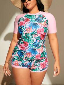 SHEIN Swim Curve 大码热带印花插肩袖防晒衣夏季海滩 - 彩色 - 查看 3