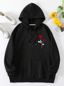 SHEIN EZwear 加大码印花拉链抽绳保暖内衬卫衣 - 黑色 - 查看 1